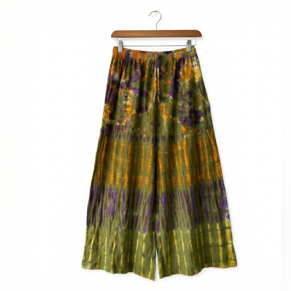 NWT• Kala Imports Cotton Tie Dye Wide Leg Palazzo Festival Pants OS Green